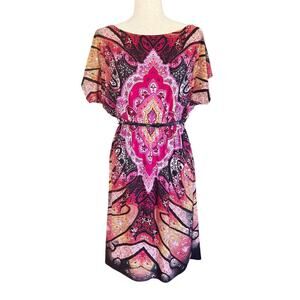 Bisou Bisou Michele Bohbot Dress Women's Sz 8 10 Pink Boho Artsy Bold Midi